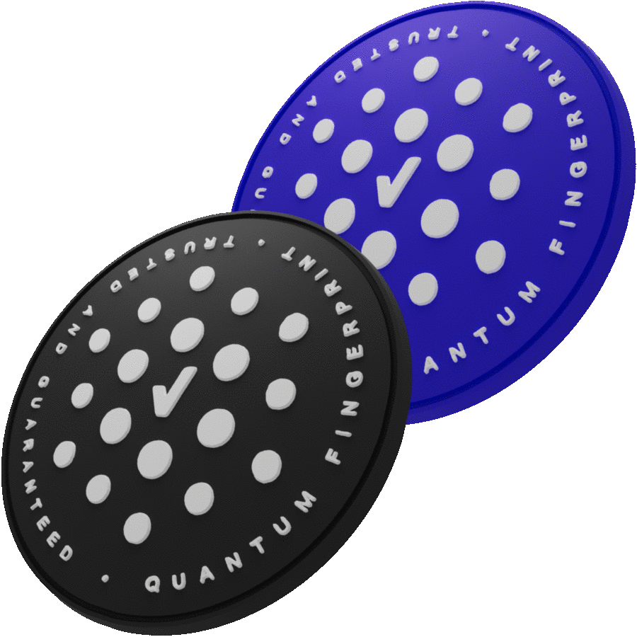 Two QF-TAG discs, one black and one blue, each reading Quantum Fingerprint — Trusted and Guaranteed around a field of raised dots